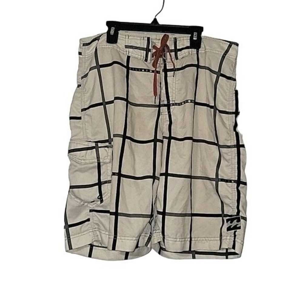 Billabong Plaid Swim Trunks Cargo Pocket Drawstring Closure Beige Black Size?